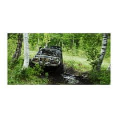 Wallmuralia Foto-obraz fotografie na skle Jeep v lese 140x70 cm 2 úchytky