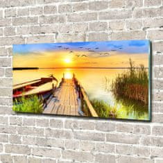 Wallmuralia Foto obraz fotografie na skle Loď a molo 100x50 cm 4 úchytky