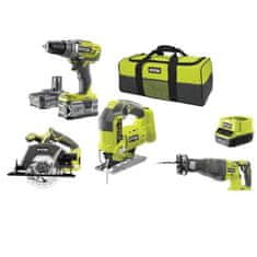 RYOBI RYOBI One + akumulátorové balení 4 nástrojů RCK184C-242S, vrtačka, 3 okružní pily, přímočará pila, šavle, 2 baterie 2Ah a 4Ah