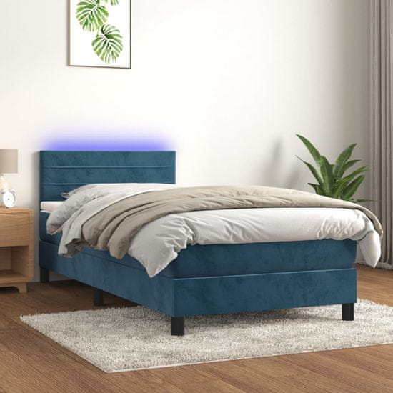 Greatstore Box spring postel s matrací a LED tmavě modrá 100x200 cm samet