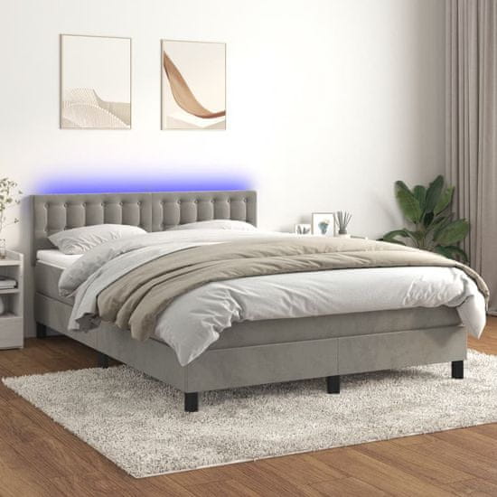 Greatstore Box spring postel s matrací a LED světle šedá 140x200 cm samet