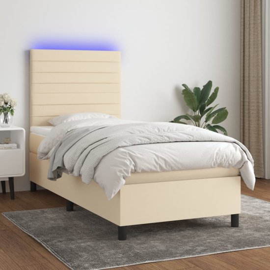 Greatstore Box spring postel s matrací a LED krémová 90x200 cm textil