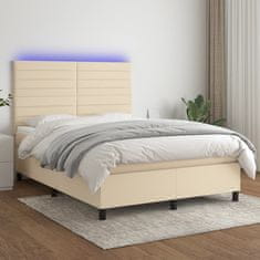 Greatstore Box spring postel s matrací a LED krémová 140x190 cm textil