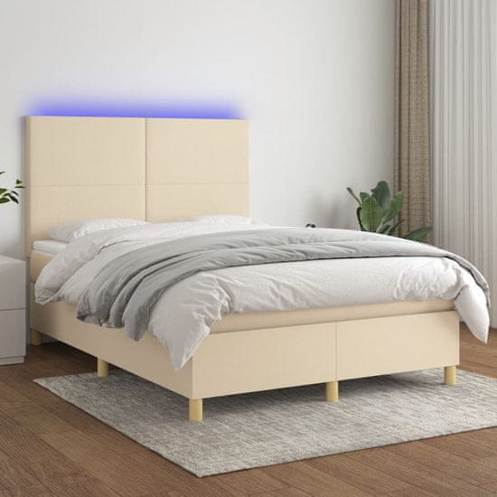 Greatstore Box spring postel s matrací a LED krémová 140x190 cm textil