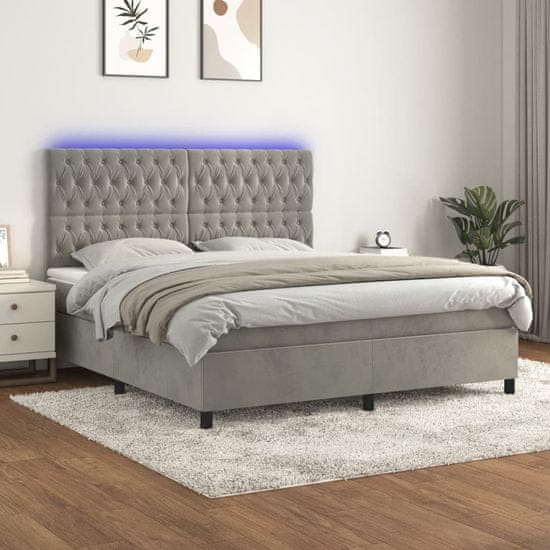 Greatstore Box spring postel s matrací a LED světle šedá 160x200 cm samet