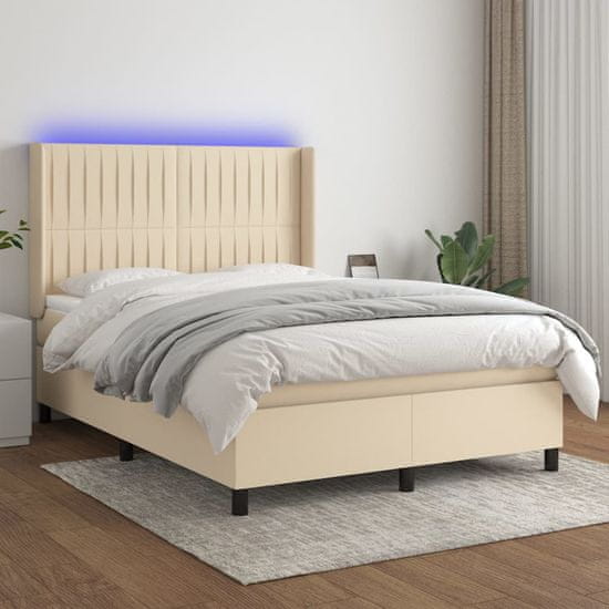 Greatstore Box spring postel s matrací a LED krémová 140x200 cm textil