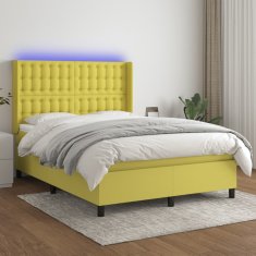 Greatstore Box spring postel s matrací a LED zelená 140x200 cm textil