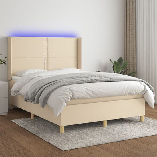 Vidaxl Box spring postel s matrací a LED krémová 140x190 cm textil