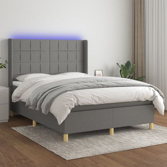 Vidaxl Box spring postel s matrací a LED tmavě šedá 140x190 cm textil