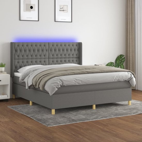 Vidaxl Box spring postel s matrací a LED tmavě šedá 180x200 cm textil