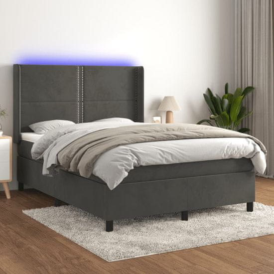 Greatstore Box spring postel s matrací a LED tmavě šedá 140x200 cm samet