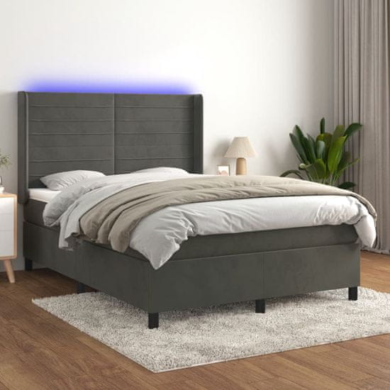 Vidaxl Box spring postel s matrací a LED tmavě šedá 140x200 cm samet