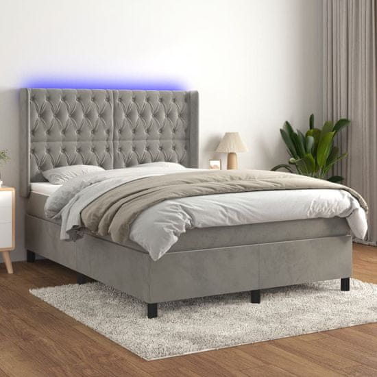 Greatstore Box spring postel s matrací a LED světle šedá 140x200 cm samet