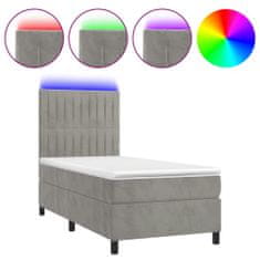 Greatstore Box spring postel s matrací a LED světle šedá 90x190 cm samet