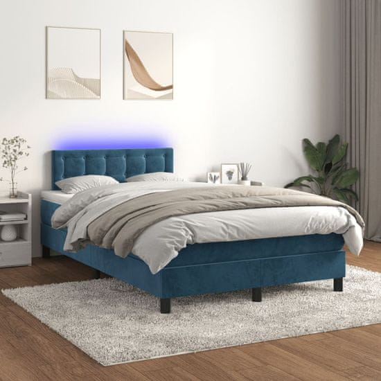 Greatstore Box spring postel s matrací a LED tmavě modrá 120x200 cm samet