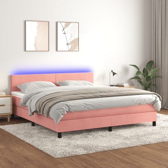 Greatstore Box spring postel s matrací a LED růžová 160x200 cm samet