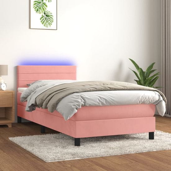 Greatstore Box spring postel s matrací a LED růžová 90x190 cm samet