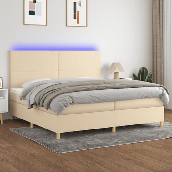 Greatstore Box spring postel s matrací a LED krémová 200x200 cm textil