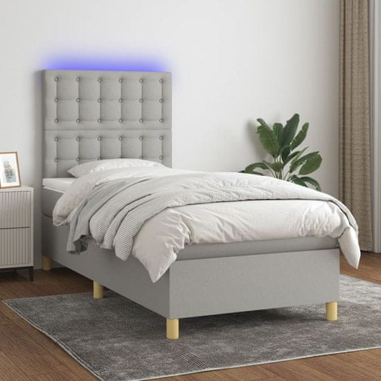 Greatstore Box spring postel s matrací a LED světle šedá 100x200 cm textil