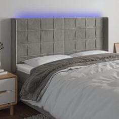 Greatstore Čelo postele s LED světle šedé 203 x 16 x 118/128 cm samet