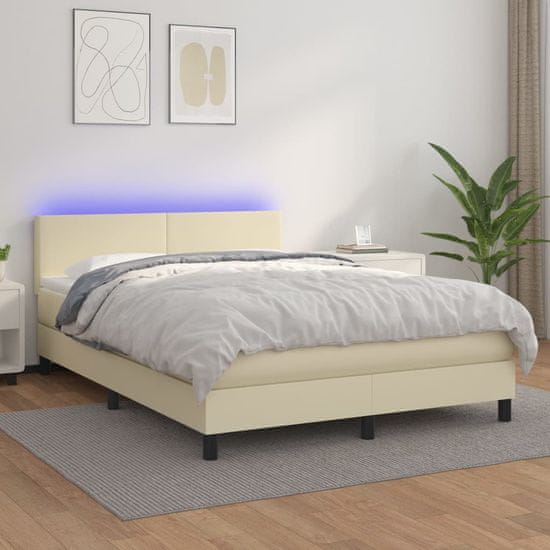 Greatstore Box spring postel s matrací a LED krémová 140x190 cm umělá kůže