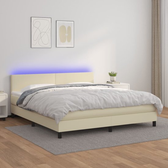 Greatstore Box spring postel s matrací a LED krémová 160x200 cm umělá kůže