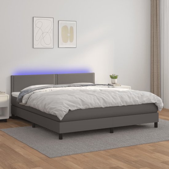 Greatstore Box spring postel s matrací a LED šedá 160x200 cm umělá kůže