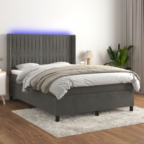 Greatstore Box spring postel s matrací a LED tmavě šedá 140x190 cm samet