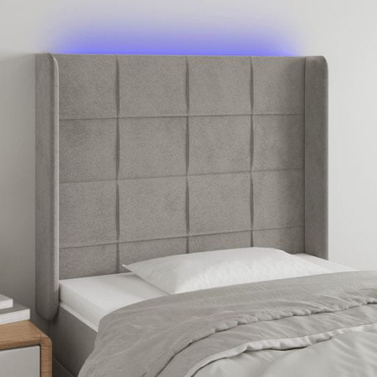 Vidaxl Čelo postele s LED světle šedé 103 x 16 x 118/128 cm samet