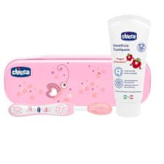 Chicco Set zubní kartáček s pouzdrem + pasta, od 12 m, růžová