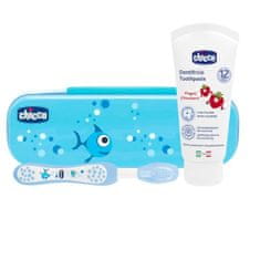 Chicco Set zubní kartáček s pouzdrem + pasta, od 12 m, modrá