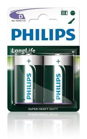 Philips baterie D LongLife zinkochloridová - 2ks, blister