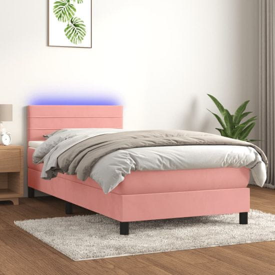 Greatstore Box spring postel s matrací a LED růžová 90x200 cm samet