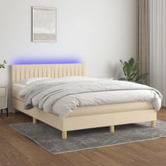 Greatstore Box spring postel s matrací a LED krémová 140x190 cm textil