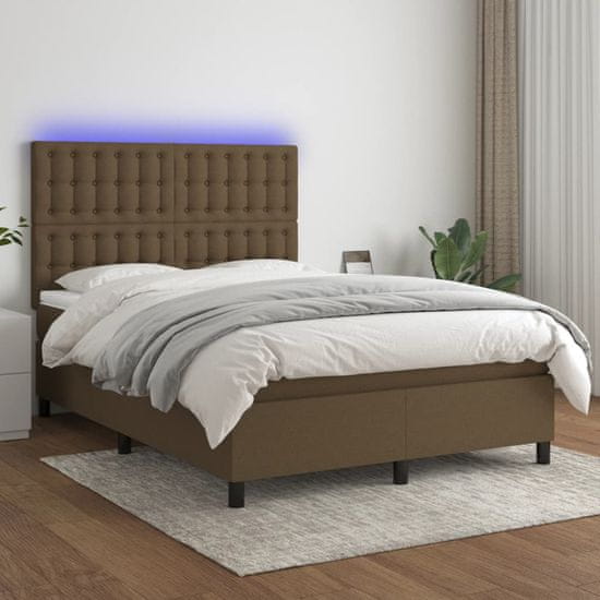 Vidaxl Box spring postel s matrací a LED tmavě hnědá 140x190 cm textil