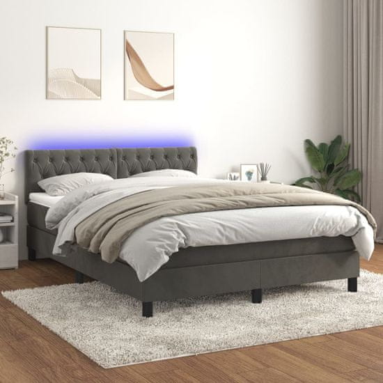 Greatstore Box spring postel s matrací a LED tmavě šedá 140x200 cm samet