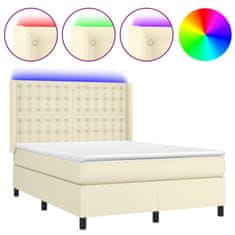 Greatstore Box spring postel s matrací a LED krémová 140x190 cm umělá kůže