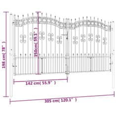 Greatstore Plotová branka s hroty černá 305x198 cm práškově lakovaná ocel