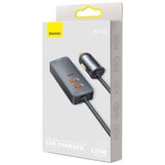 Noname Baseus CCBT-A0G Rychlá Nabíječka do Auta s Prodlužovacím Kabelem 120W 3x USB +1xUSB-C Gray