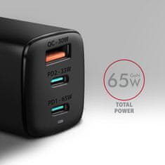 AXAGON ACU-DPQ65, GaN nabíječka do sítě 65W, 3x port (USB-A + dual USB-C), PD3.0/QC4+/PPS/Apple, černá