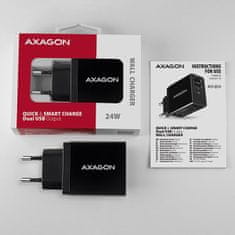 AXAGON ACU-QS24, QUICK a SMART nabíječka do sítě, 2x USB port QC3.0/AFC/FCP + 5V-1.2A, 24W