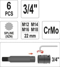 YATO Sada nástavců 3/4" rázové 6 ks M12-M18 vícezubé CrMo