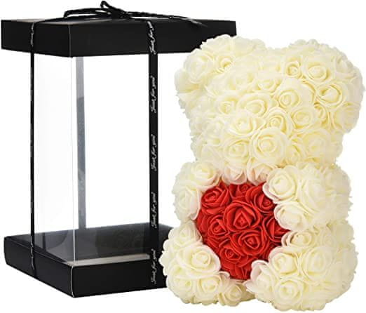 onHand.cz Medvídek z růží - bílý Rose Bear se srdcem z růží 25 cm