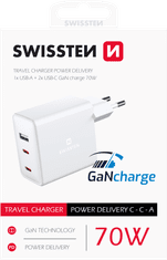 SWISSTEN síťový adaptér gan 2x usb-c + 1x usb 70w