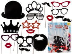 Popron.cz Party photo accessories on stick (Moustache, Lips, Hat, Crown, Glasses, Beard) set of 17 pcs. in polybag with headercard