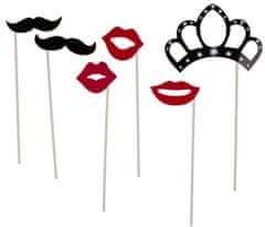 Popron.cz Party photo accessories on stick (Moustache, Lips, Hat, Crown, Glasses, Beard) set of 17 pcs. in polybag with headercard