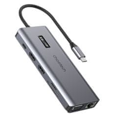 shumee Multifunkční HUB adaptér s displejem USB-C USB-A VGA AUX SD TF 12v1 šedý