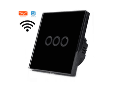 SmartLife Girier - Tuya, trojtlačítkový černý skleněný nástěnný dotykový vypínač s WiFi a RF