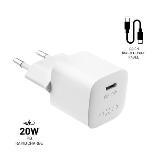 FIXED Set síťové nabíječky FIXED Mini s USB-C výstupem a USB-C/USB-C kabelu, podpora PD, 1 metr, 20W, bílý