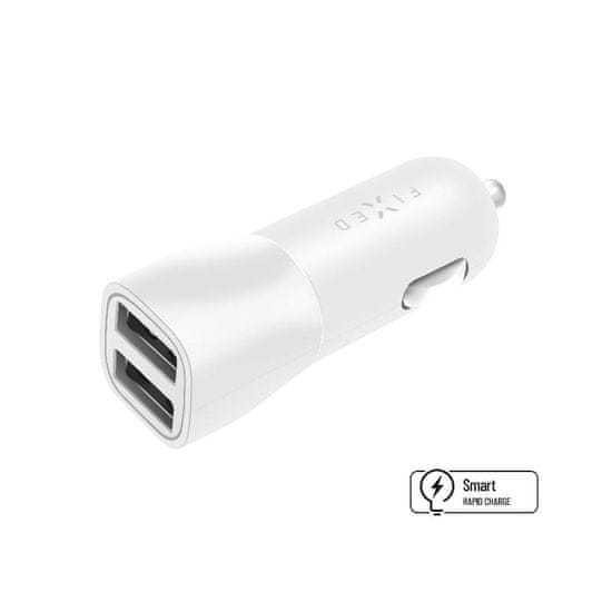 FIXED Autonabíječka FIXED s 2xUSB výstupem, 15W Smart Rapid Charge, bílá